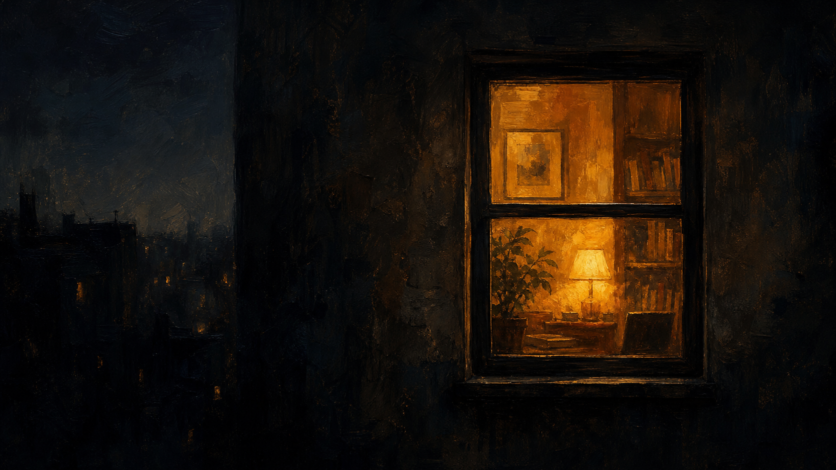 A lit window seen from outside at night — the witness position