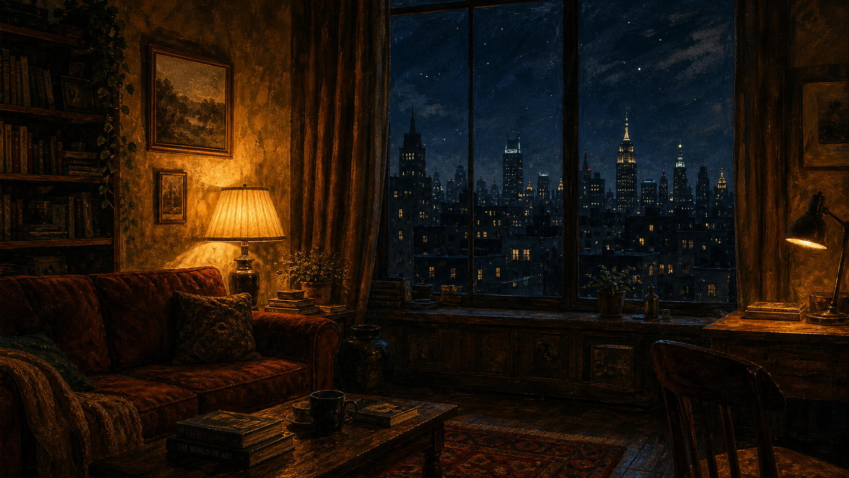 A warm lamplit room at night seen from inside, looking out a window onto a dark city