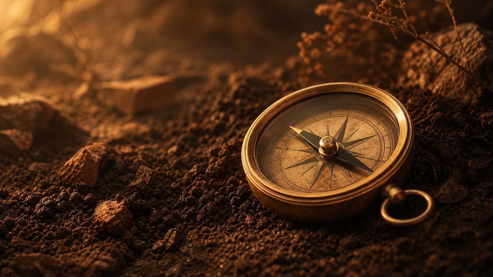A brass compass resting in dark, rich soil, lit by warm amber light.